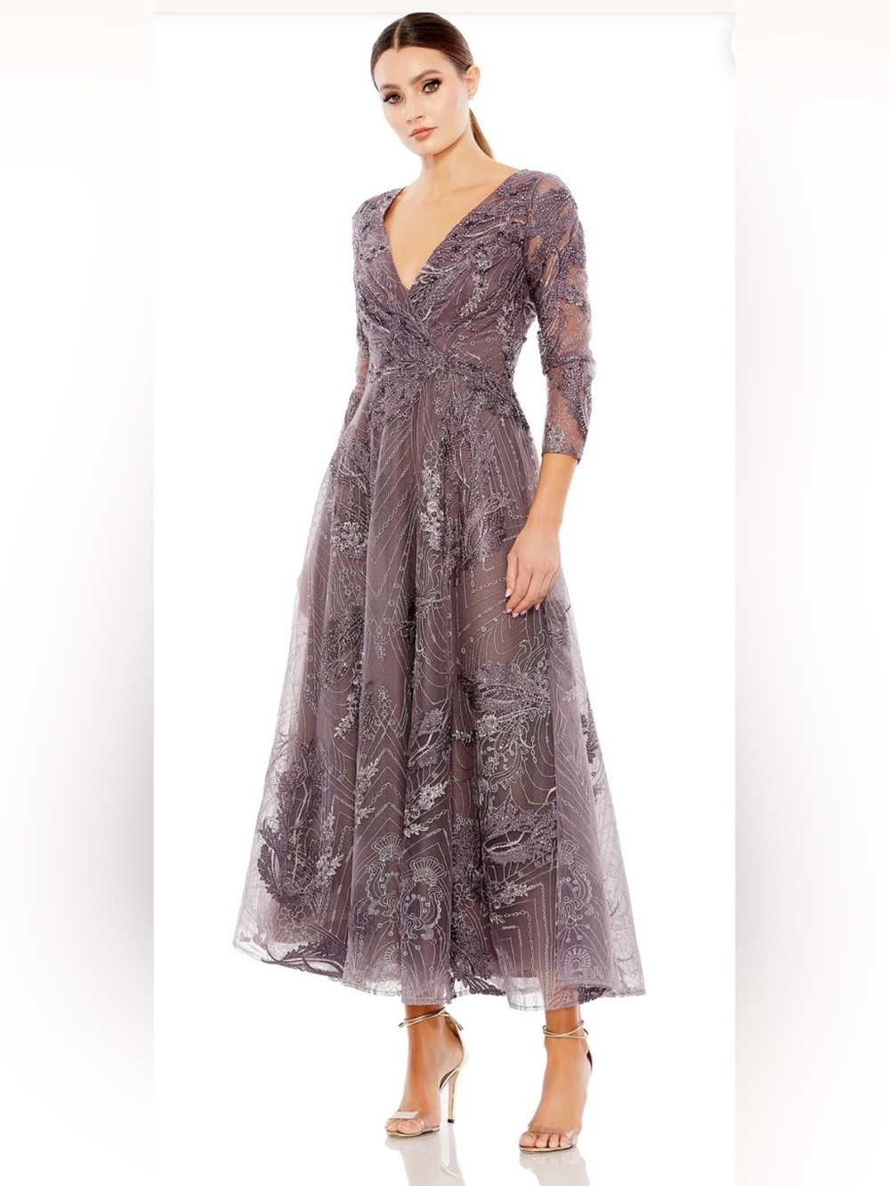 Mac Duggal Purple Aubergine Beaded Floral A-Line Cocktail Midi Dress 2 $698